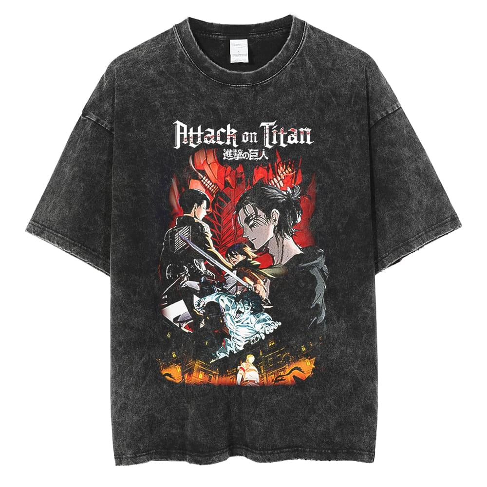 Anime Washed Tshirt Attack on Titan Printing Short Sleeve T Shirt 100% Cotton Black Shirt Eren Streetwear Vest Oversized T-shirt - Animehouse