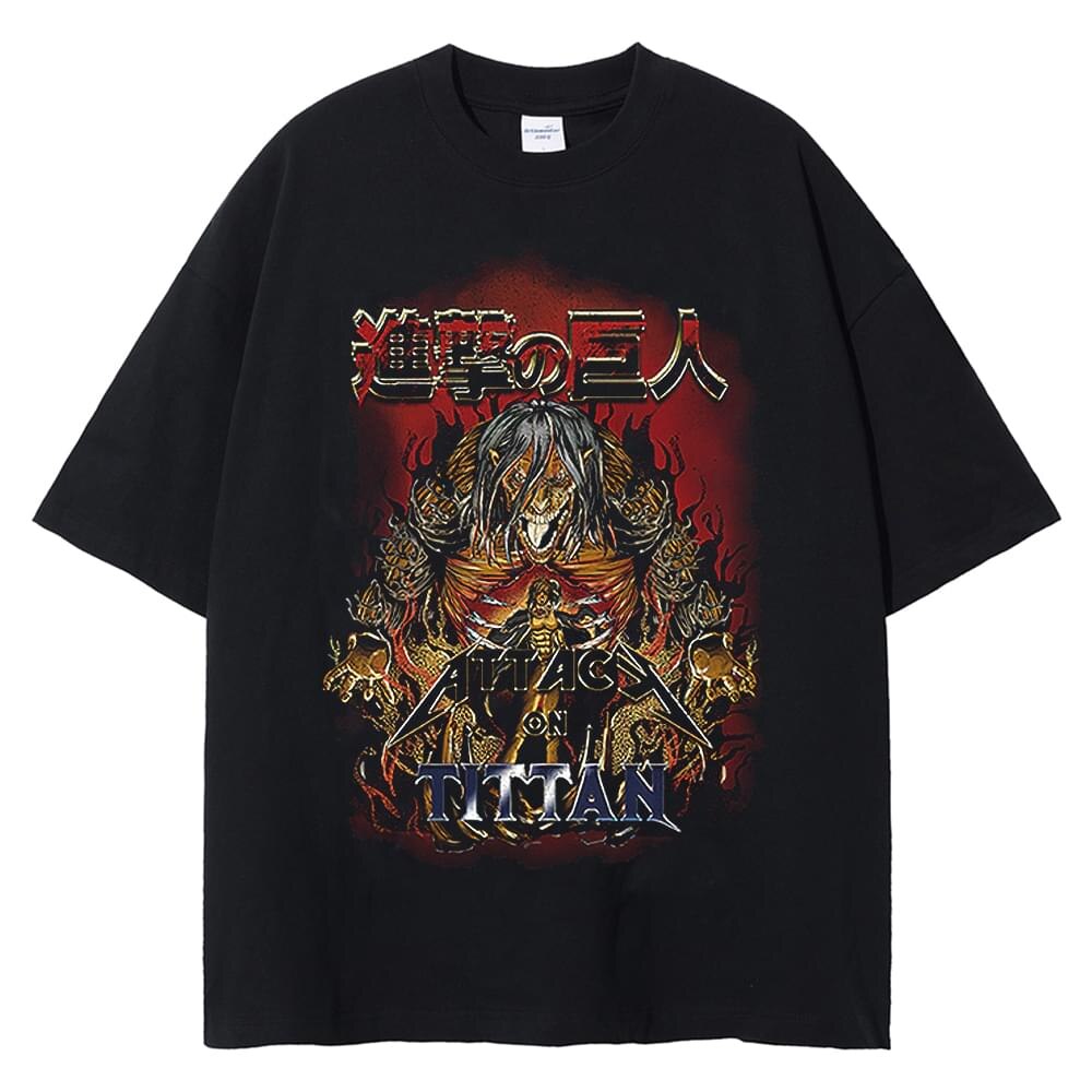 Anime Washed Tshirt Attack on Titan Printing Short Sleeve T Shirt 100% Cotton Black Shirt Eren Streetwear Vest Oversized T-shirt - Animehouse