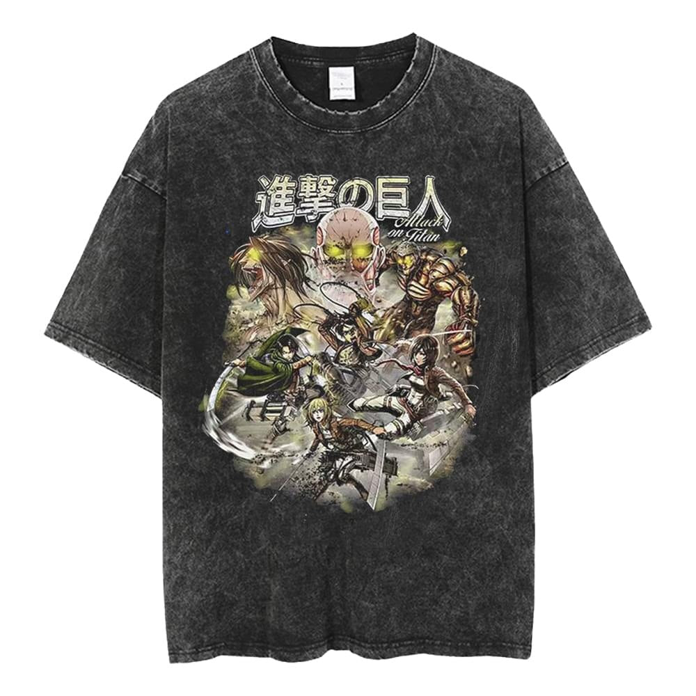 Anime Washed Tshirt Attack on Titan Printing Short Sleeve T Shirt 100% Cotton Black Shirt Eren Streetwear Vest Oversized T-shirt - Animehouse