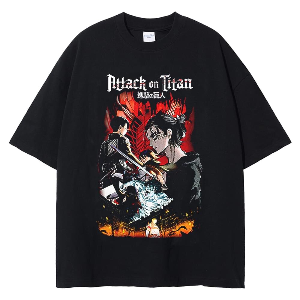Anime Washed Tshirt Attack on Titan Printing Short Sleeve T Shirt 100% Cotton Black Shirt Eren Streetwear Vest Oversized T-shirt - Animehouse