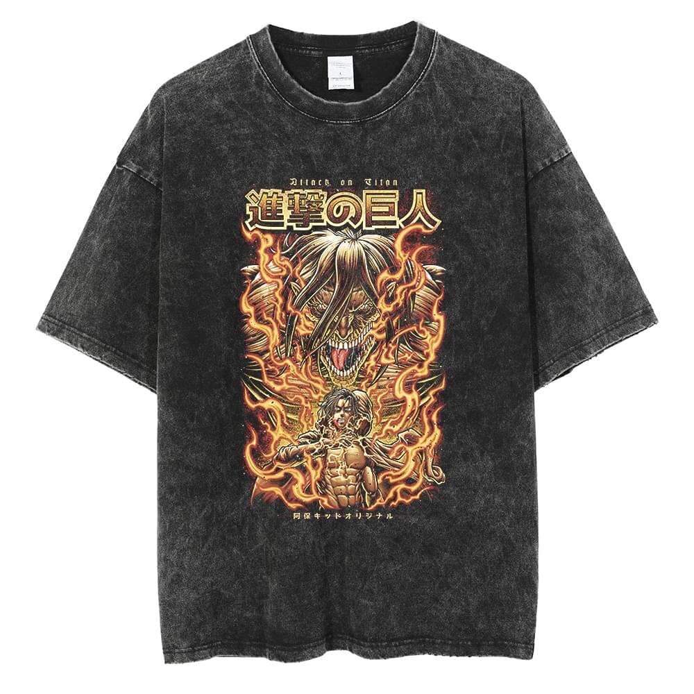 Anime Washed Tshirt Attack on Titan Printing Short Sleeve T Shirt 100% Cotton Black Shirt Eren Streetwear Vest Oversized T-shirt - Animehouse