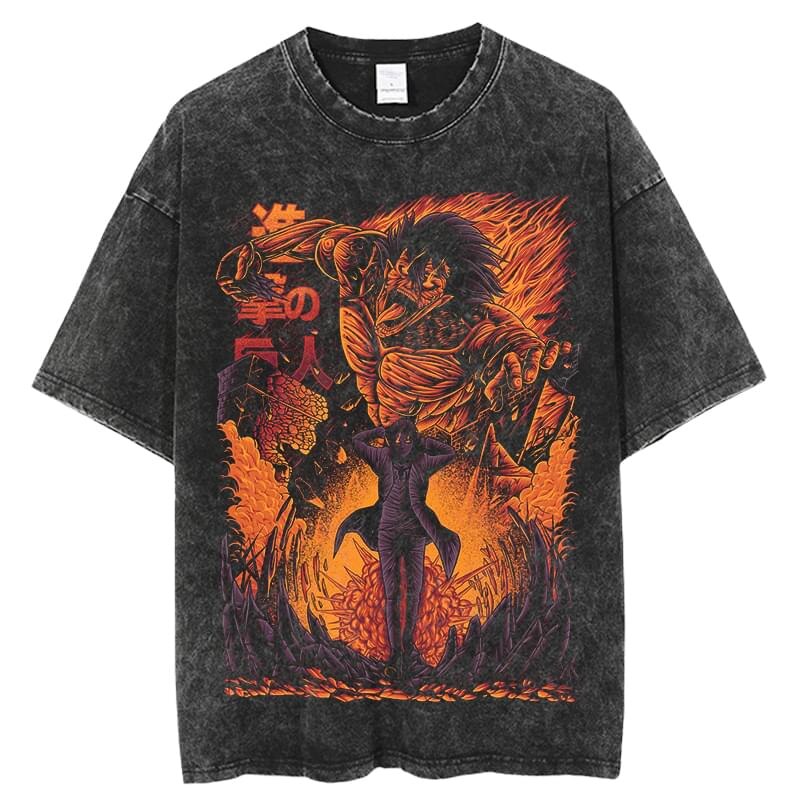 Anime Washed Tshirt Attack on Titan Printing Short Sleeve T Shirt 100% Cotton Black Shirt Eren Streetwear Vest Oversized T-shirt - Animehouse