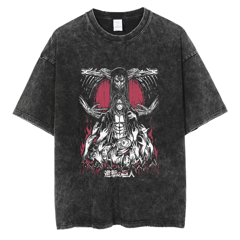Anime Washed Tshirt Attack on Titan Printing Short Sleeve T Shirt 100% Cotton Black Shirt Eren Streetwear Vest Oversized T-shirt - Animehouse