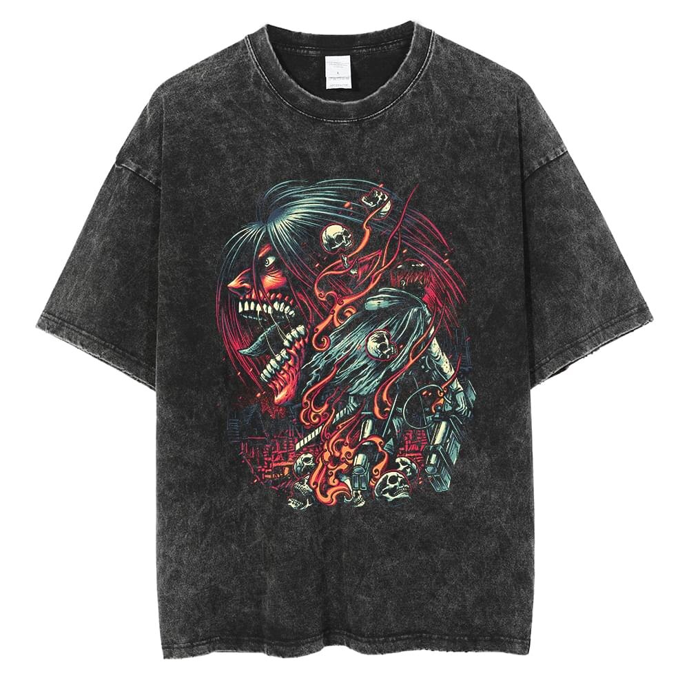 Anime Washed Tshirt Attack on Titan Printing Short Sleeve T Shirt 100% Cotton Black Shirt Eren Streetwear Vest Oversized T-shirt - Animehouse