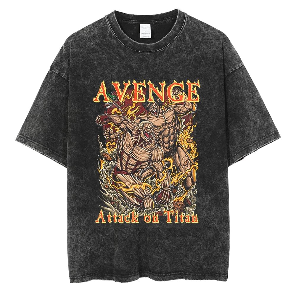 Anime Washed Tshirt Attack on Titan Printing Short Sleeve T Shirt 100% Cotton Black Shirt Eren Streetwear Vest Oversized T-shirt - Animehouse