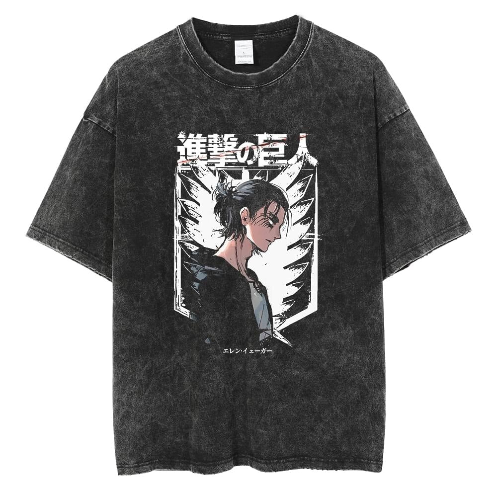 Anime Washed Tshirt Attack on Titan Printing Short Sleeve T Shirt 100% Cotton Black Shirt Eren Streetwear Vest Oversized T-shirt - Animehouse