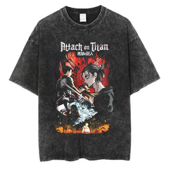 Anime Washed Tshirt Attack on Titan Printing Short Sleeve T Shirt 100% Cotton Black Shirt Eren Streetwear Vest Oversized T-shirt - Animehouse