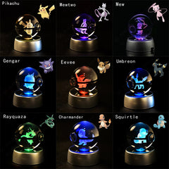 Pokemon 3D Crystal Ball Pikachu Gengar Mew Mewtwo Figurines Lamp Base Pokeball 3D Pokemon Glass Ball Statue Kids Birthday Gift