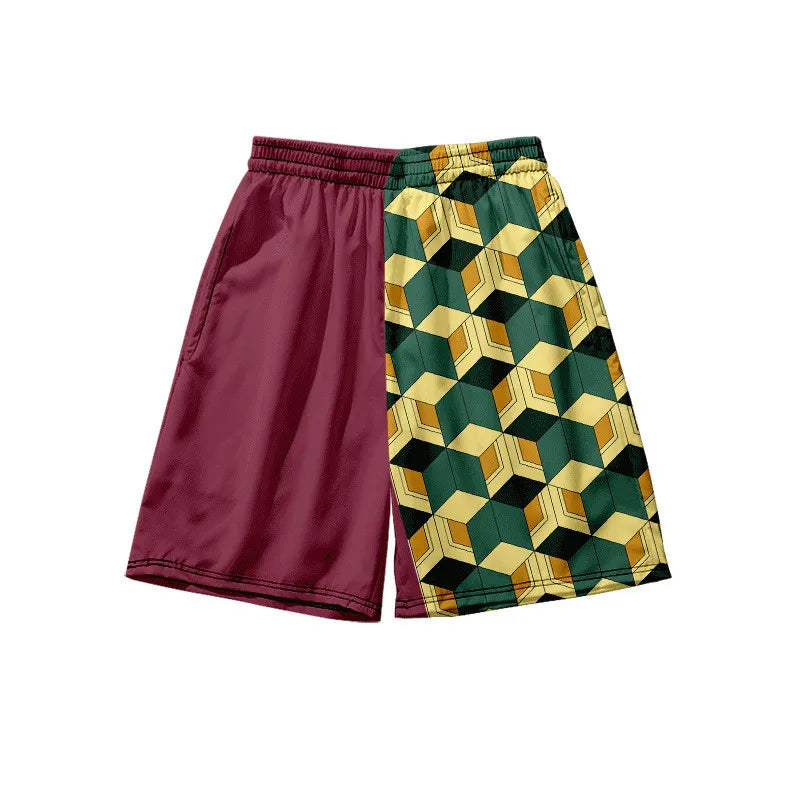summer Beach Shorts with Pocket for Men, Anime 3D Print Costume, Kamado Tanjirou, Harajuku Jogging Pants