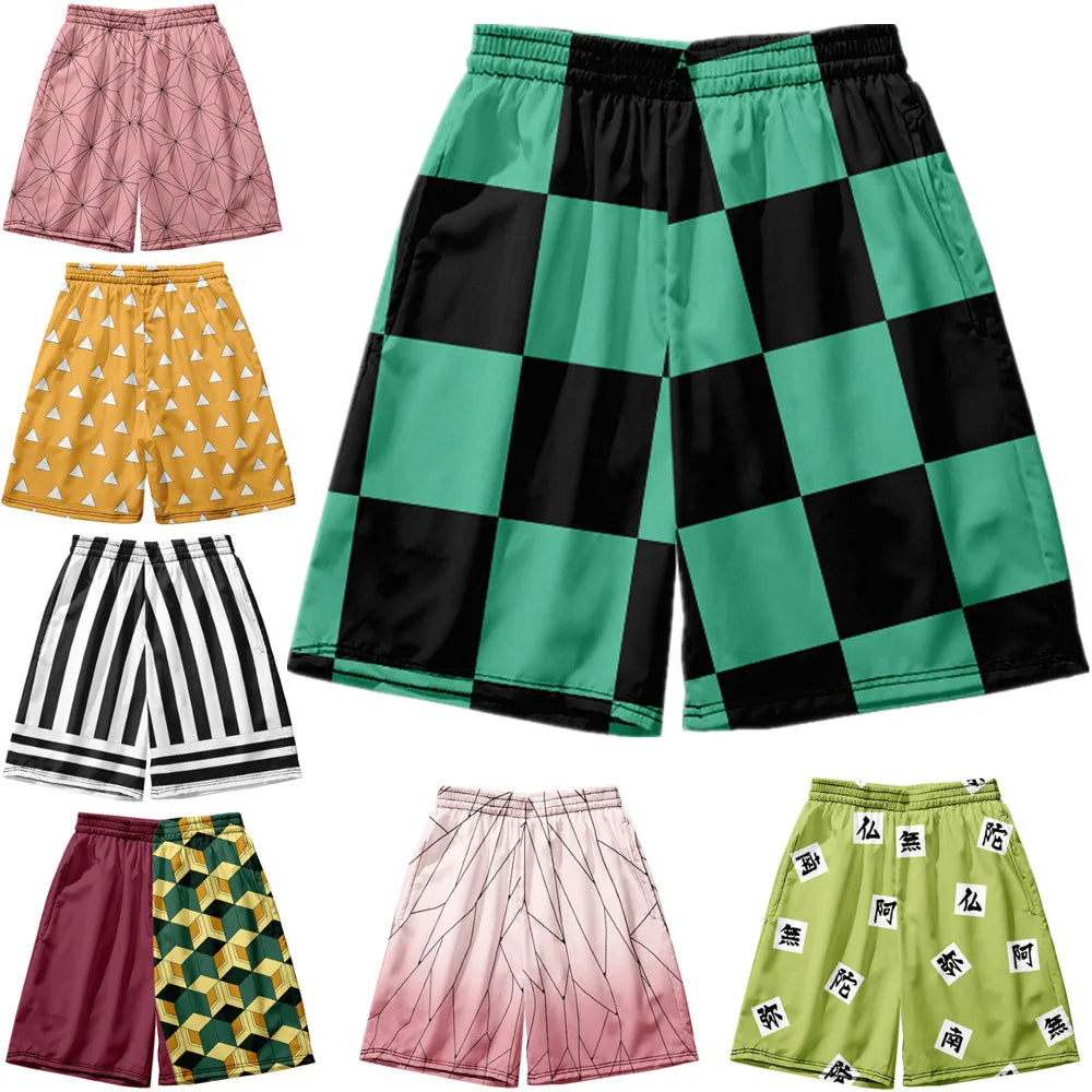 summer Beach Shorts with Pocket for Men, Anime 3D Print Costume, Kamado Tanjirou, Harajuku Jogging Pants